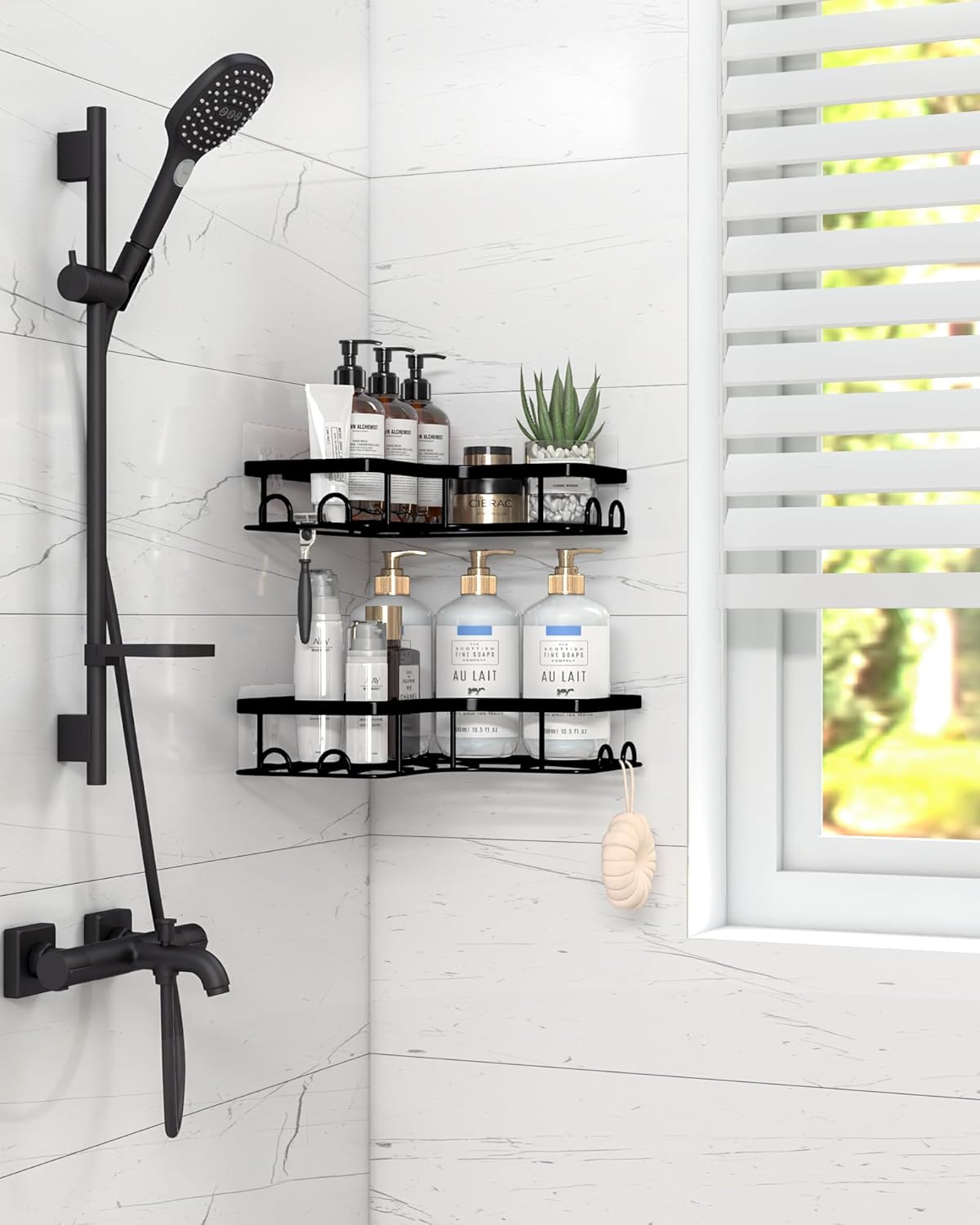 Corner Shower Caddy - 2 Pack, Adhesive Shower Organizers, Rustproof Stainless Steel Shower Shelves with 8 Hooks, No