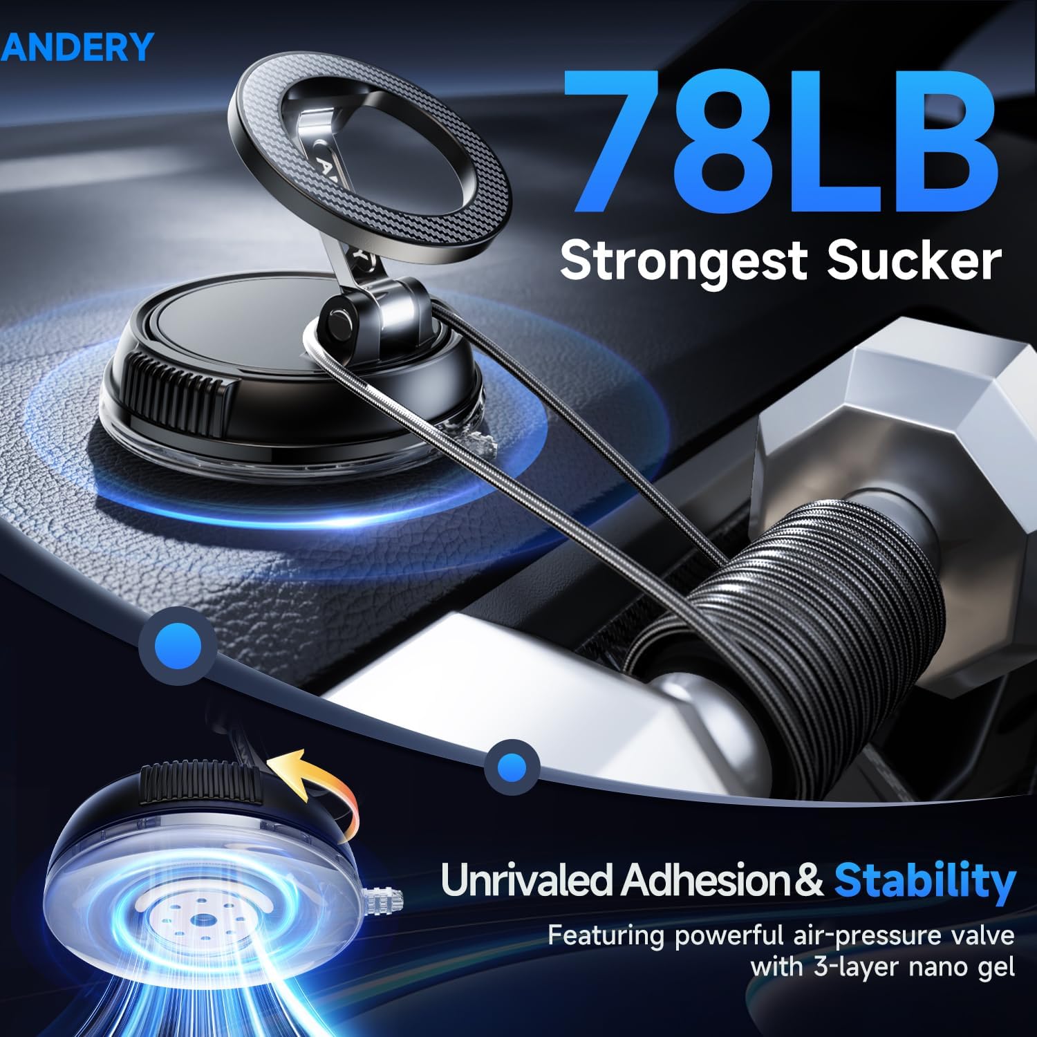 Car Phone Holder for Magsafe [78+LBS Strongest Suction & 2400gf Strongest Magnetic] 360° Adjustable Car Phone Mount