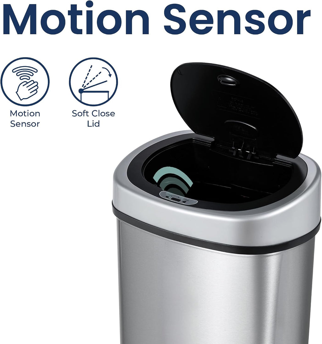 13 Gallon Oval Automatic Trash Can, 50L Touchless Motion Sensor Kitchen Garbage Can with Odor-Sealing Black Lid
