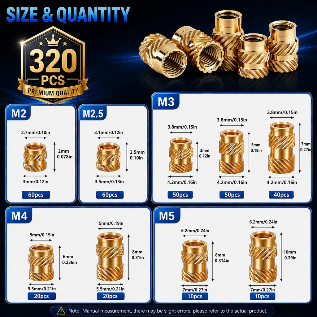 320+6Pcs Brass Threaded Inserts M2 M2.5 M3 M4 M5 for 3D Printing