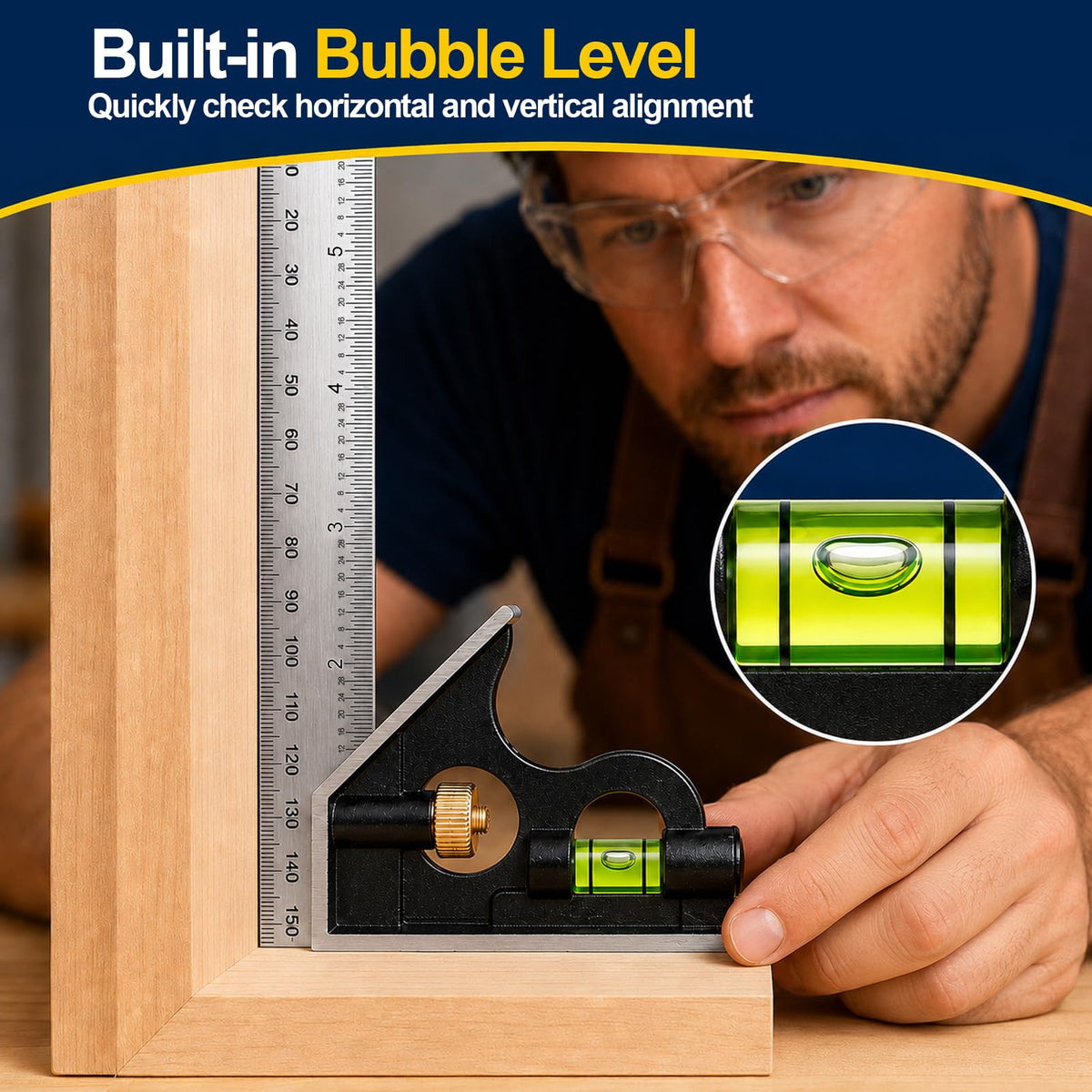 Combination Square 6 Inch, Adjustable Combo Square with Bubble Level