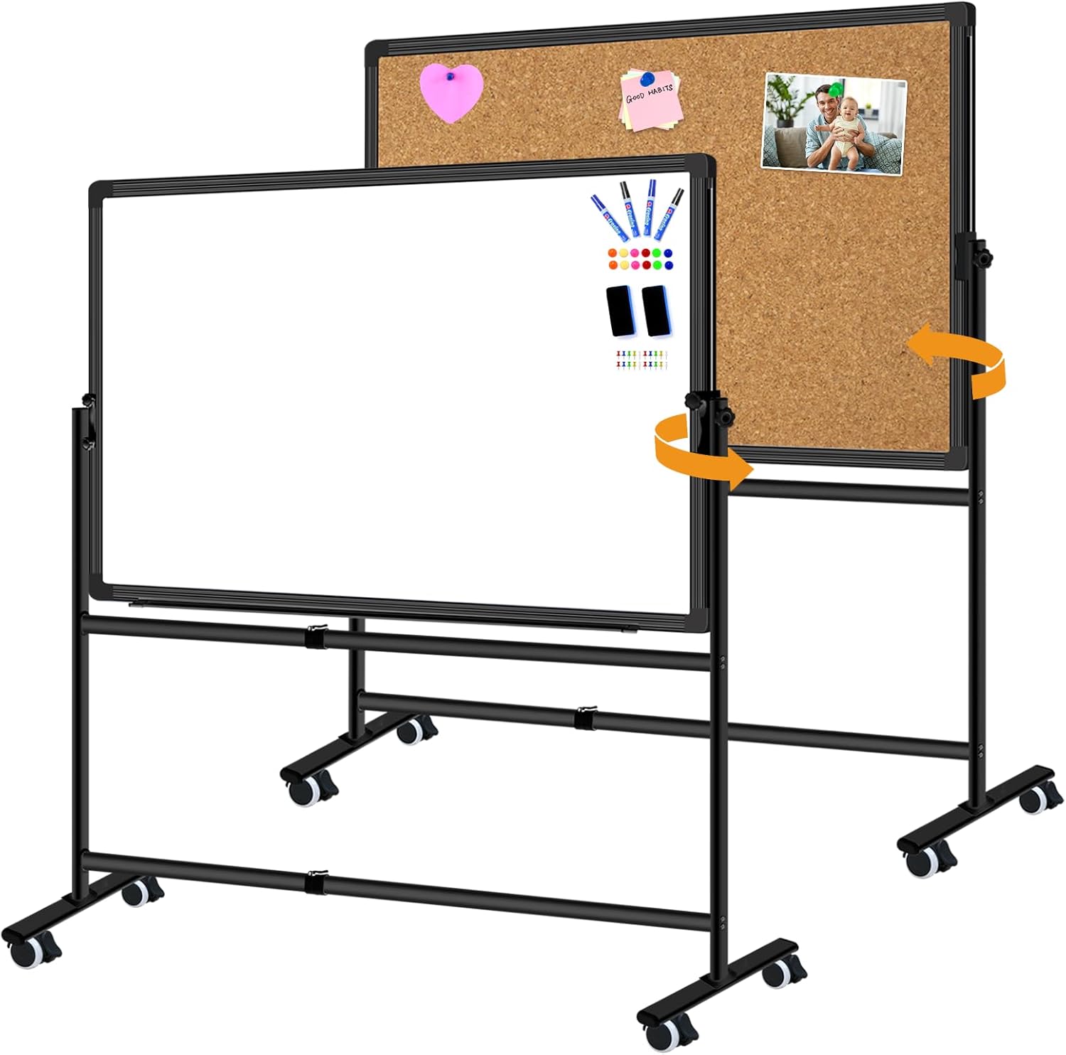36"x24" Double-Sided Mobile Whiteboard and Cork Boards with Stand Adjustable Height and Angle Rolling Magnetic Dry