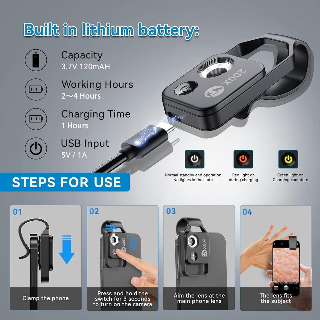 200X Phone Microscope Lens, Nano Zoom Phone Micro Lens for iPhone Android with LED Light CPL Universal Clip, Nanozoom
