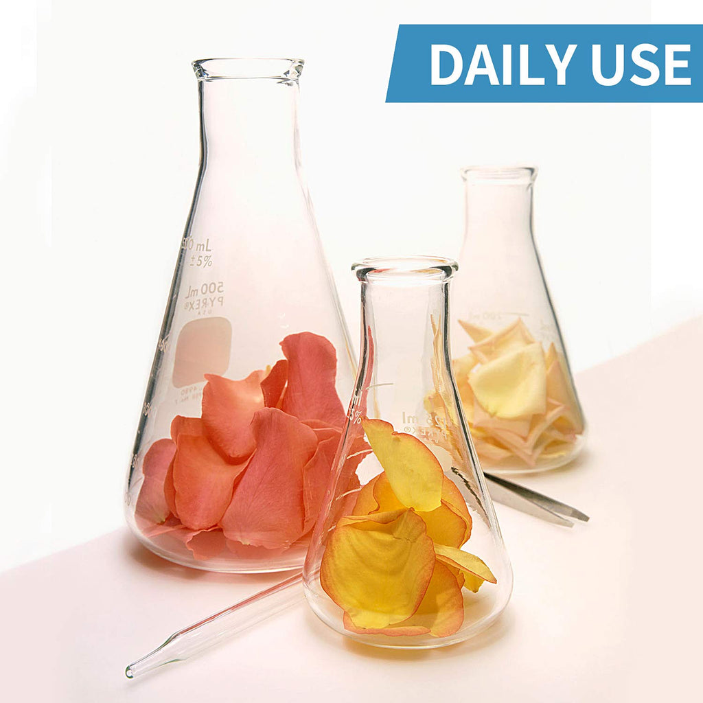Glass Erlenmeyer Flask Set, (250 ml, 150 ml & 50 ml) Graduated Borosilicate Glass Erlenmeyer Flasks with Rubber