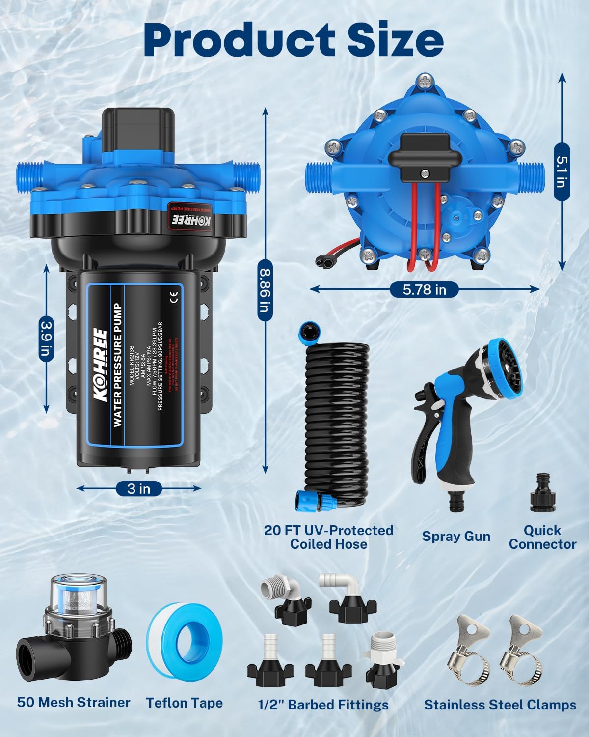 Kohree 12V DC Washdown Pump Kit - 7.5GPM 80PSI, Self-Priming, High Flow