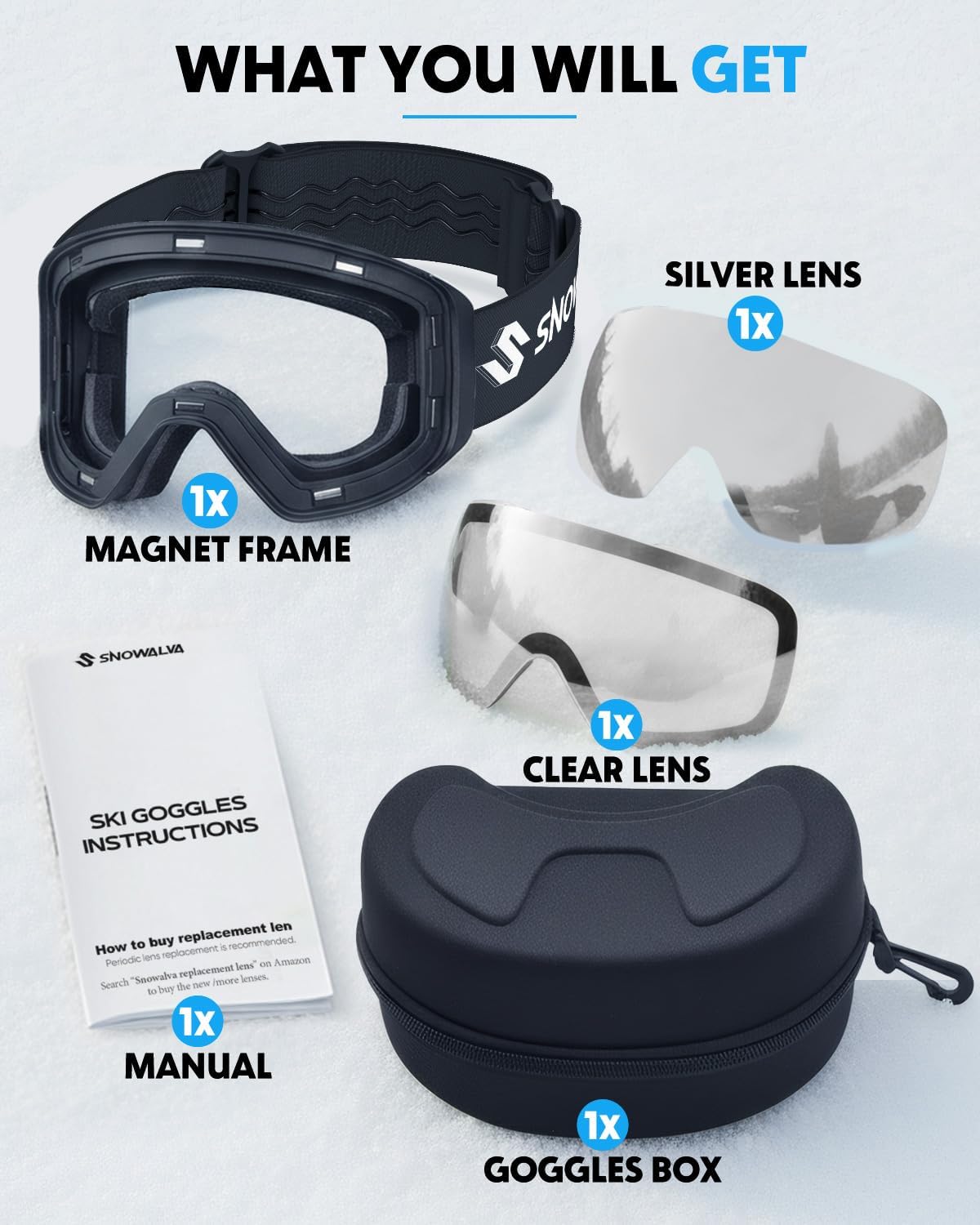 Ski Goggles, Snowboard Goggles with 2 UV400 Anti-Fog Detachable Magnet Lenses for Men & Women Adult