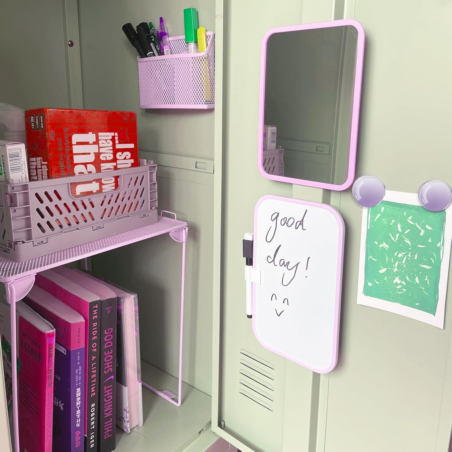 Locker Accessories with Locker Shelf, Magnetic Mirror, Magnetic Pen Holder, Magnetic Small Whiteboard, Back to School