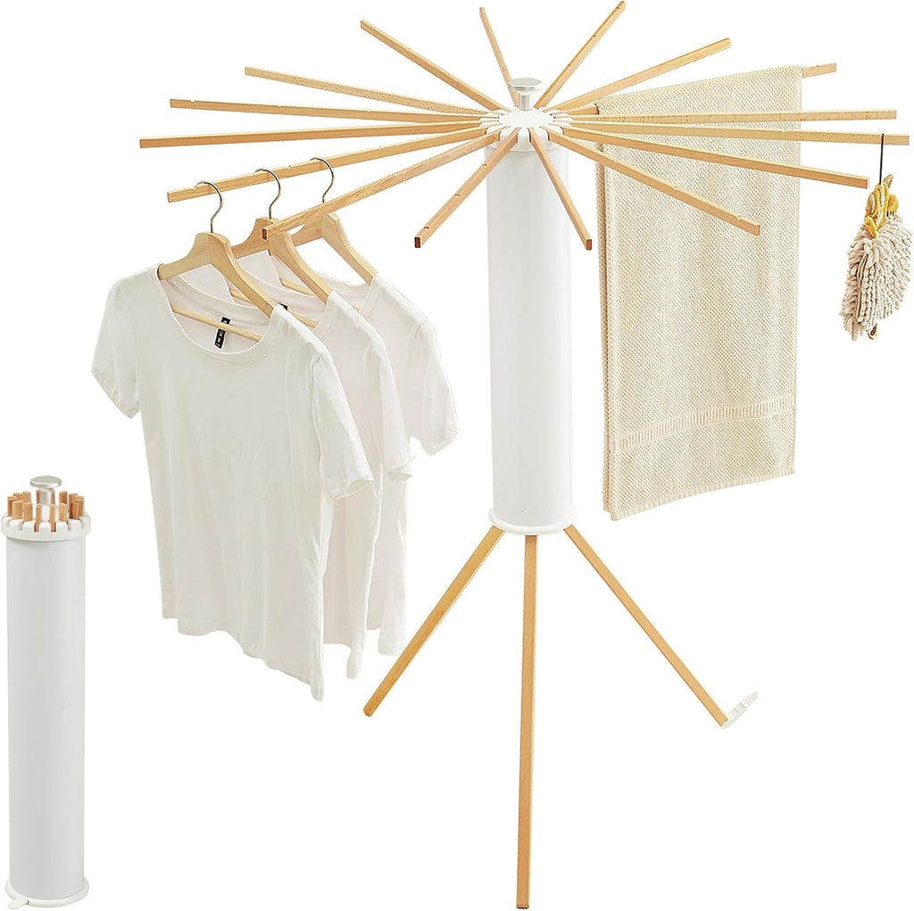Clothes Drying Rack, Clothing Stand, Foldable Laundry Drying Rack | Portable clothes rack with wooden rods, plastic