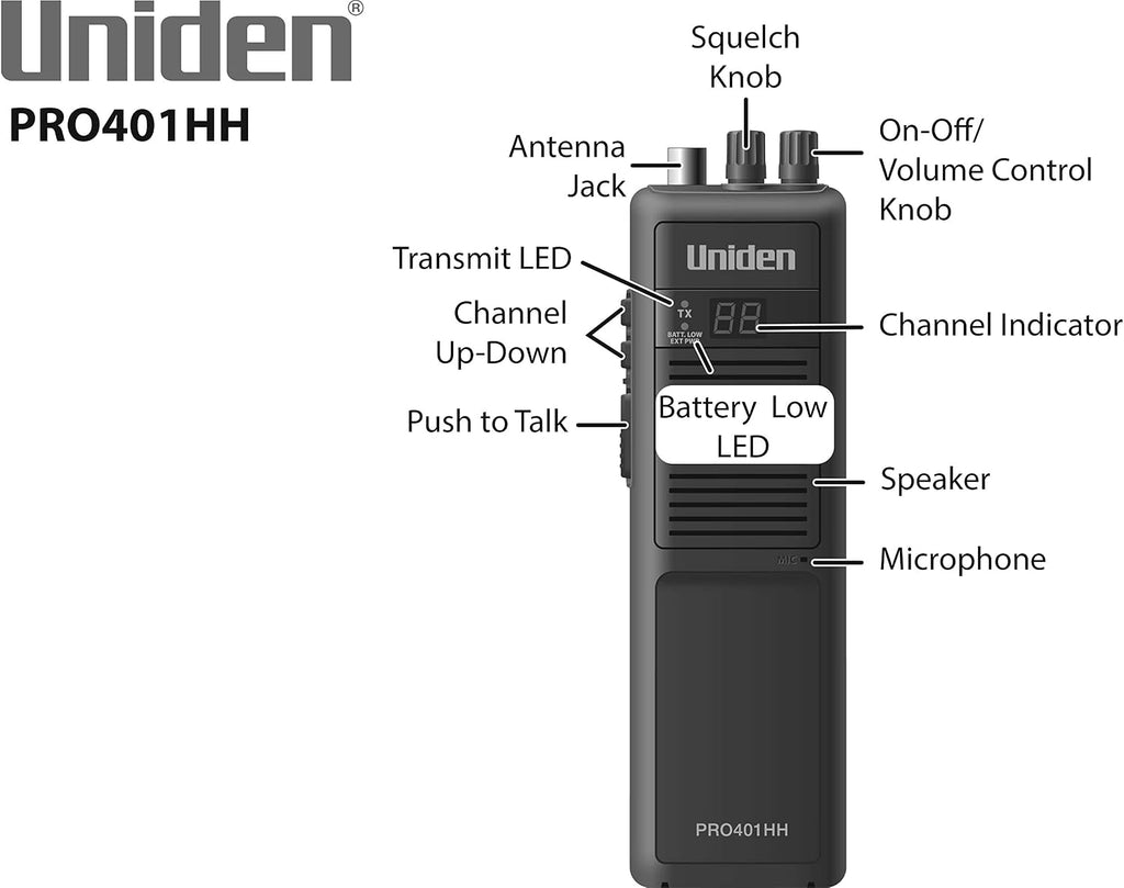 PRO401HH Professional Series 40 Channel Handheld CB Radio, 4 Watts Power with Hi/Low Power Switch, Auto noise