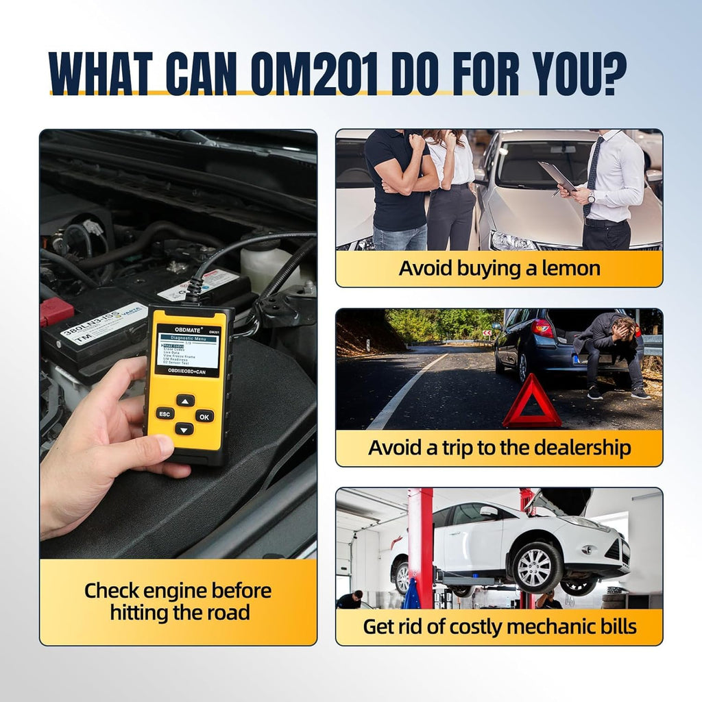 Check Engine Code Reader, OBDMATE OM201 OBD2 Diagnostic Tool | Clearing Faulty Codes with Wireless Printing | Graphic