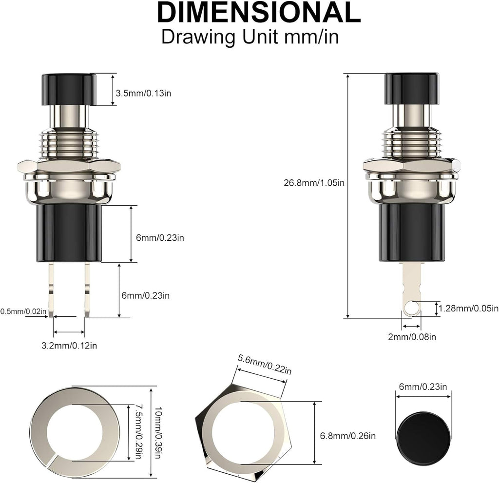 Momentary Push Button Switch, 1A 250VAC SPST Mini Pushbutton Switches Normal Closed (NC) Black Cap - 10pcs