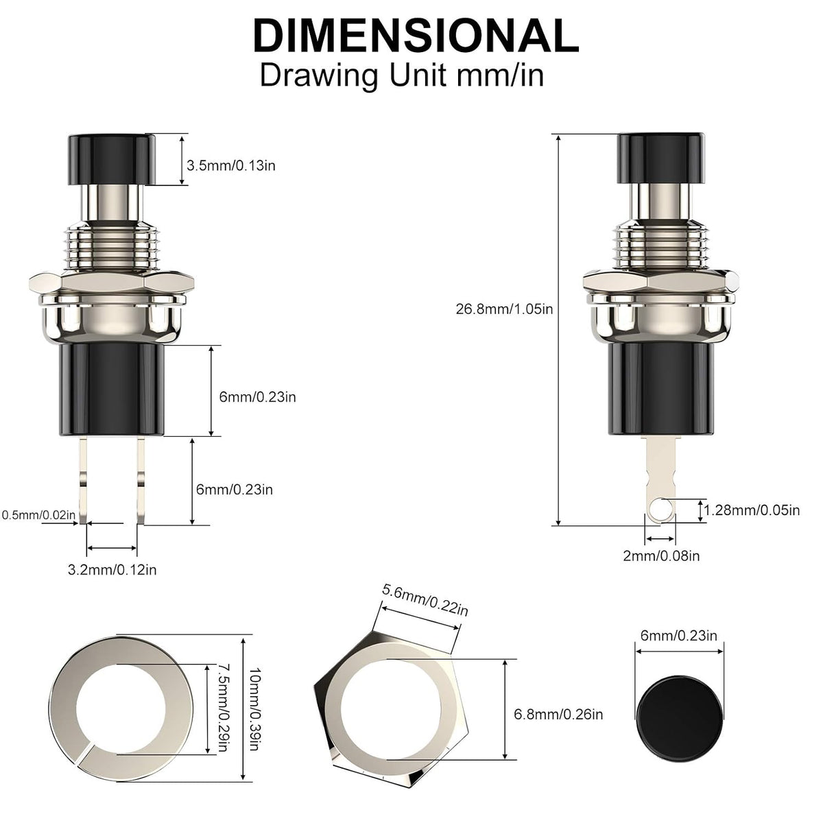 Momentary Push Button Switch, 1A 250V AC SPST Mini Pushbutton Switches with Wire Normal Closed(NC) Black Cap - 10pcs