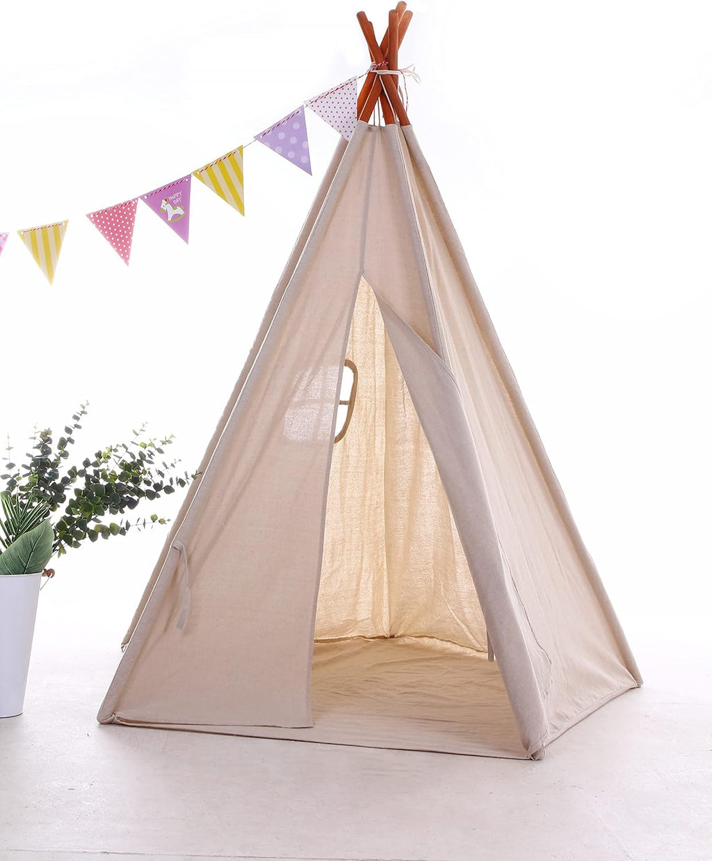 Miyaya Large Canvas Teepee Play Tent Indian Play Tent with Carry Case,5 Poles Design (BEIGE)
