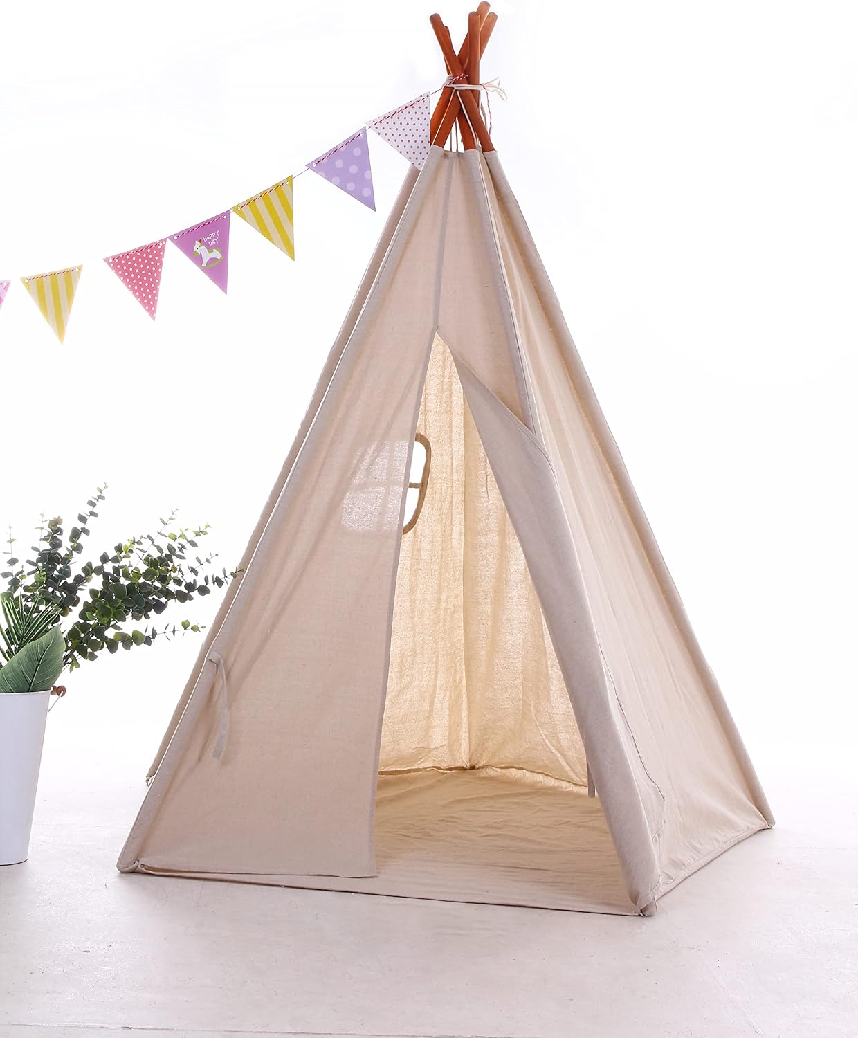 Miyaya Large Canvas Teepee Play Tent Indian Play Tent with Carry Case,5 Poles Design (BEIGE)