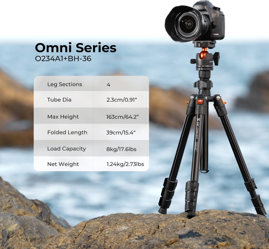 64 inch/163cm Lightweight Aluminum Travel Camera Tripod | Compact and Portable, 360° Ball Head, Load Capacity
