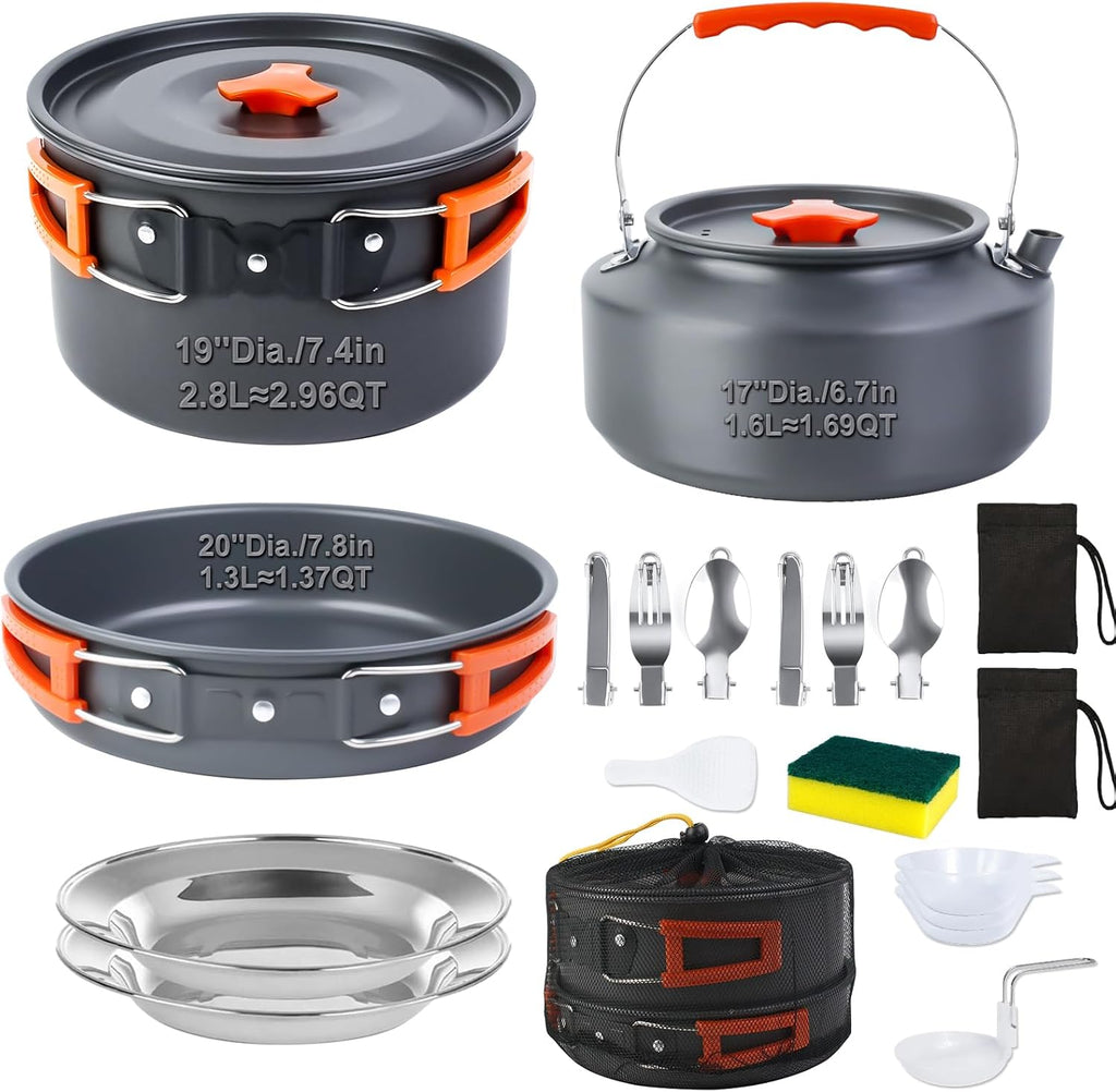 18-Piece Large Capacity Camping Cookware Set Aluminum Mess Kit | 2.8L main cooking pot 1.6L hot-water kettle 1.3L