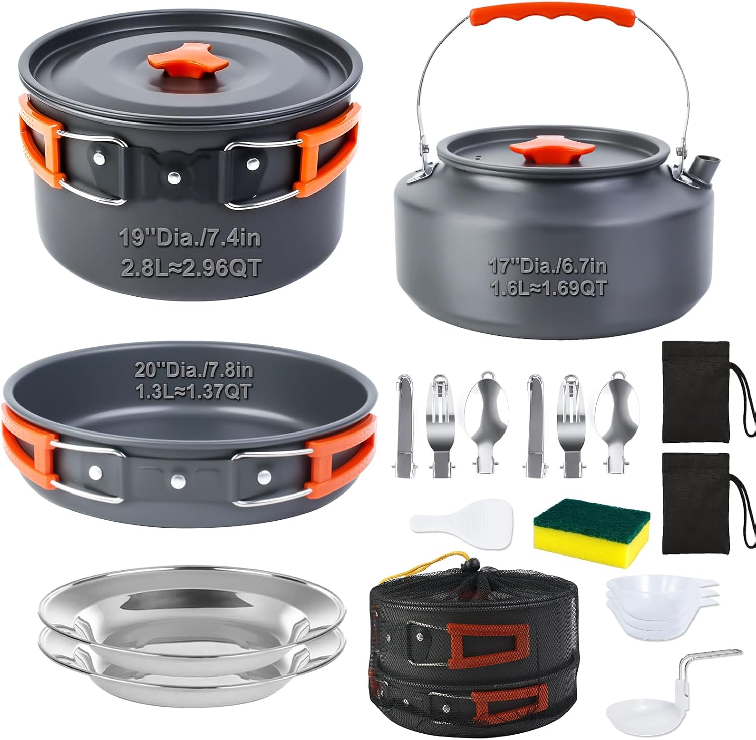 18-Piece Large Capacity Camping Cookware Set Aluminum Mess Kit | 2.8L main cooking pot 1.6L hot-water kettle 1.3L
