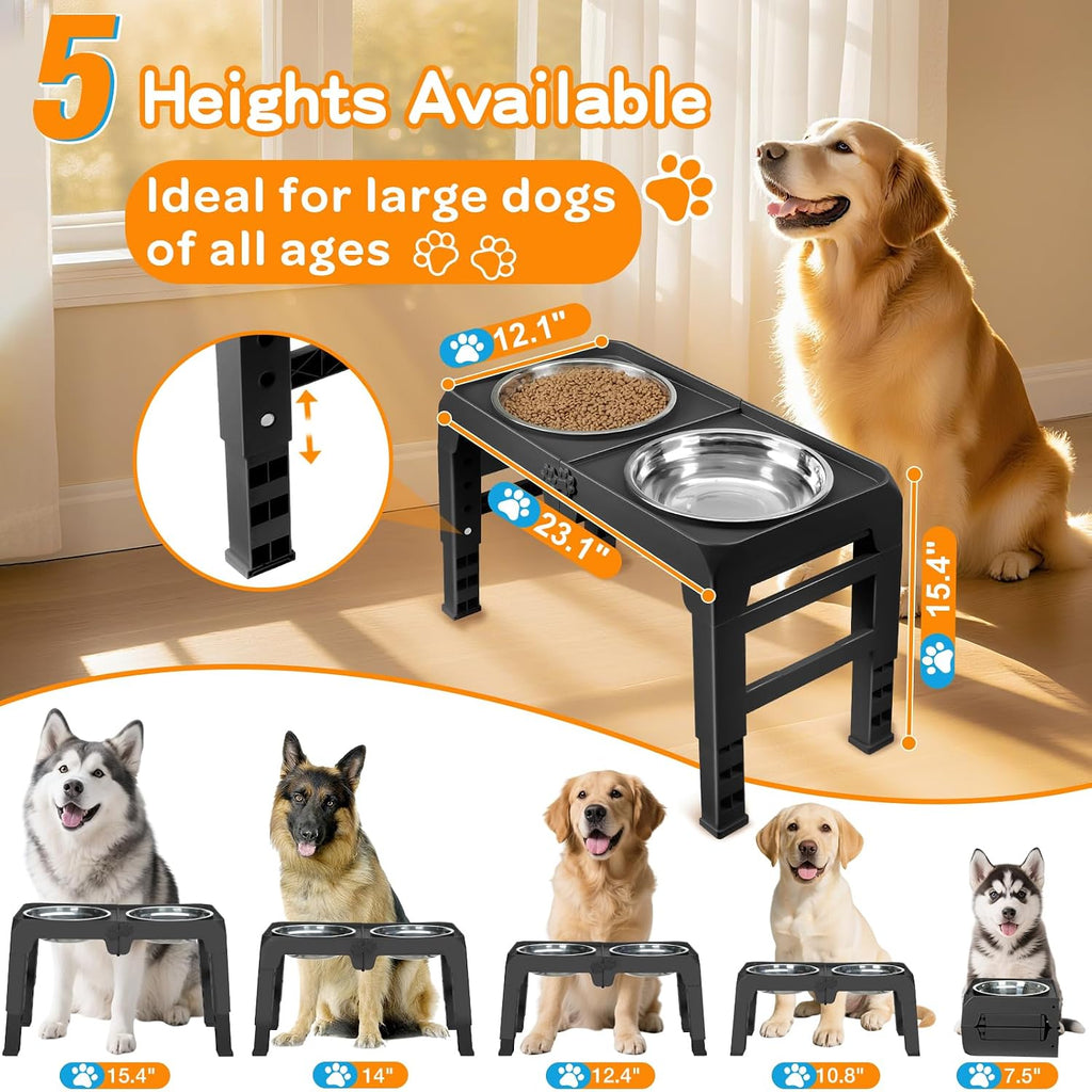 Elevated Dog Bowls for Large Dogs 5 Adjustable Heights 7.5"-15.4", 2 X-Large 10” Stainless Steel Bowls, Heavy Duty