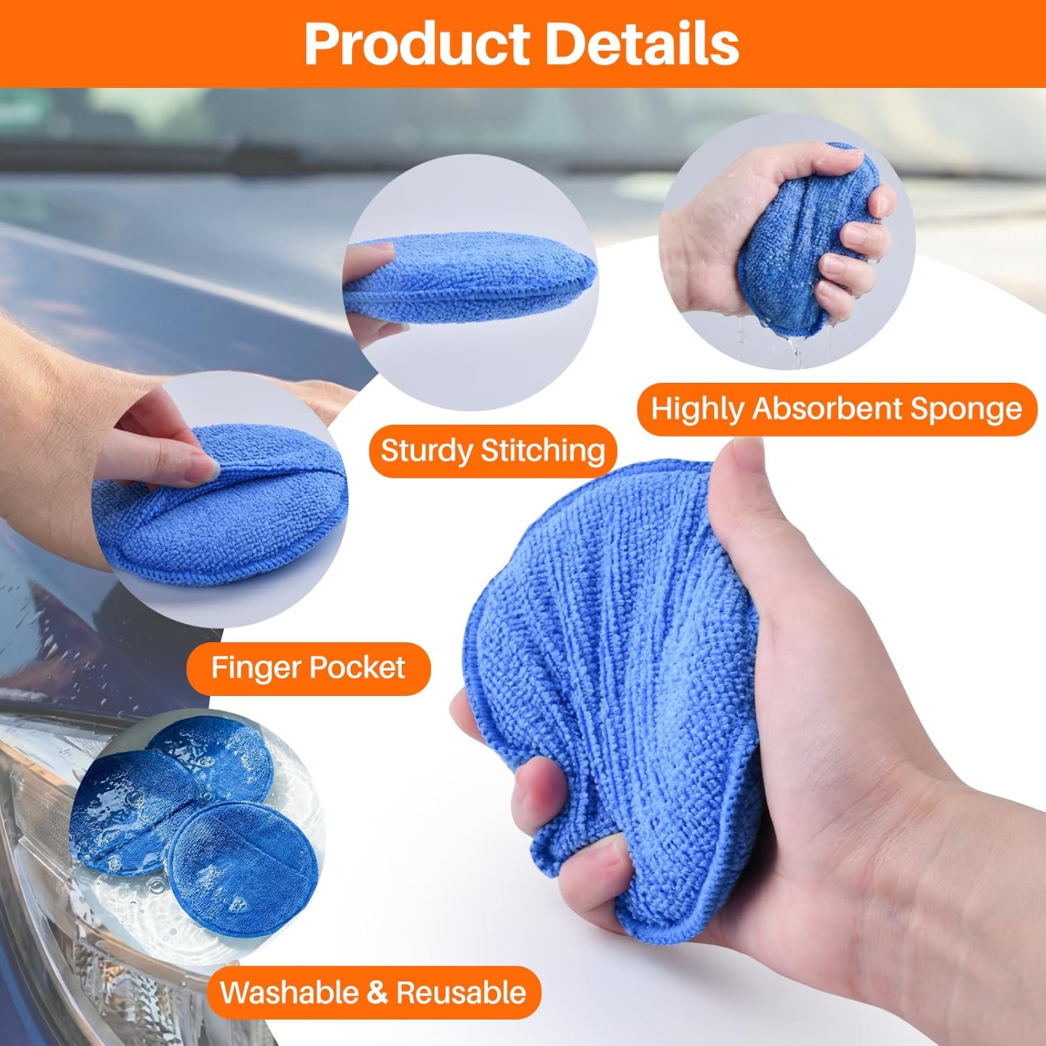 Microfiber Wax Applicator Pads, Car Wax Applicator with Finger Pocket, Buffing & Detail Polishing Foam Pads for Car