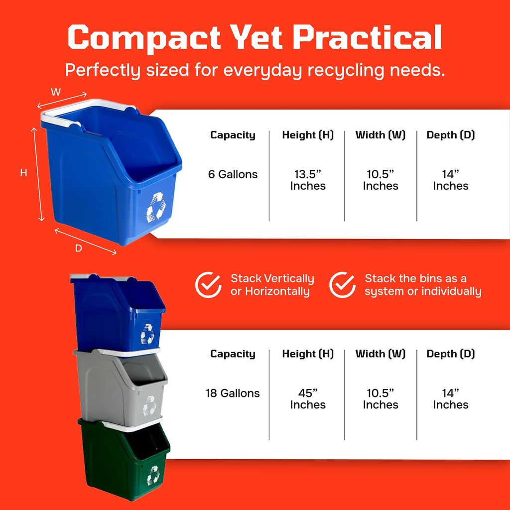 Three Stackable Recycling Bin System 18 Gallon Total | Small 6 Gallons Each