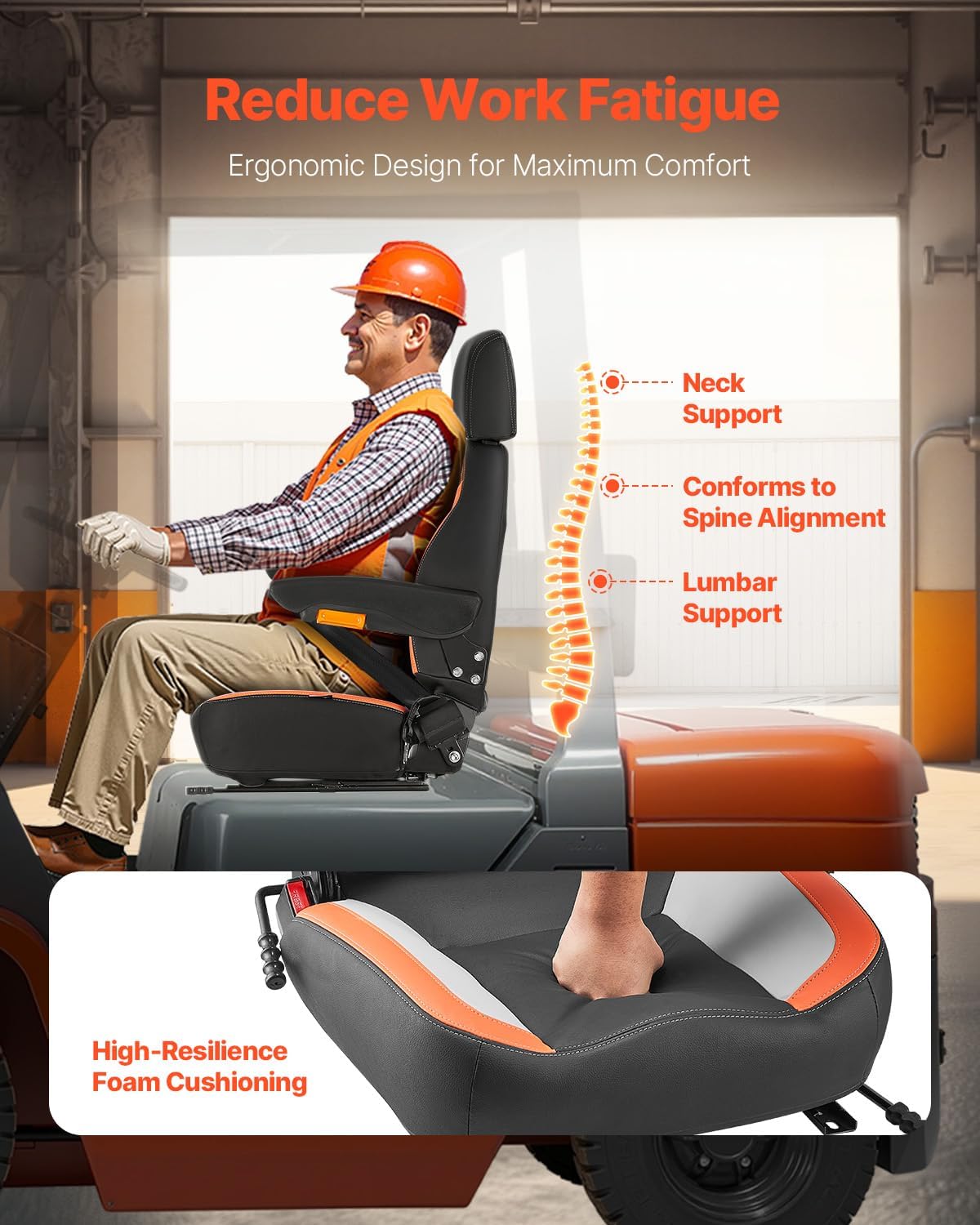 Universal Forklift Seat, Tractor Seat with Adjustable Back, Armrest, Headrest & Safety Belt, Secure Tractor Seat with