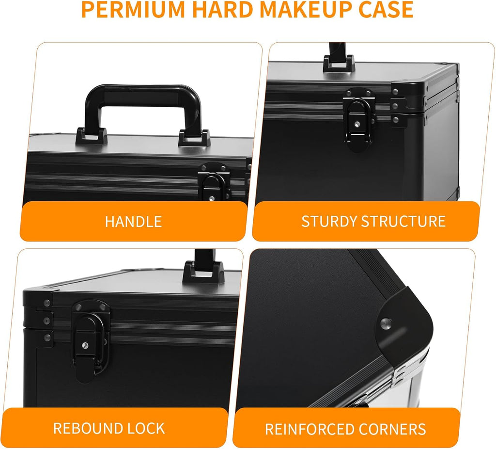 Makeup Extra Large 15 inches Case with Lighted Mirror – Cosmetic Organizer with Adjustable Dividers, Magnetic LED