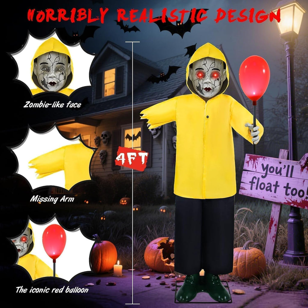 Halloween Decorations Outdoor 4FT Life Size Scary Boy Animatronics Prop | Glowing Red Balloon Sound & Motion