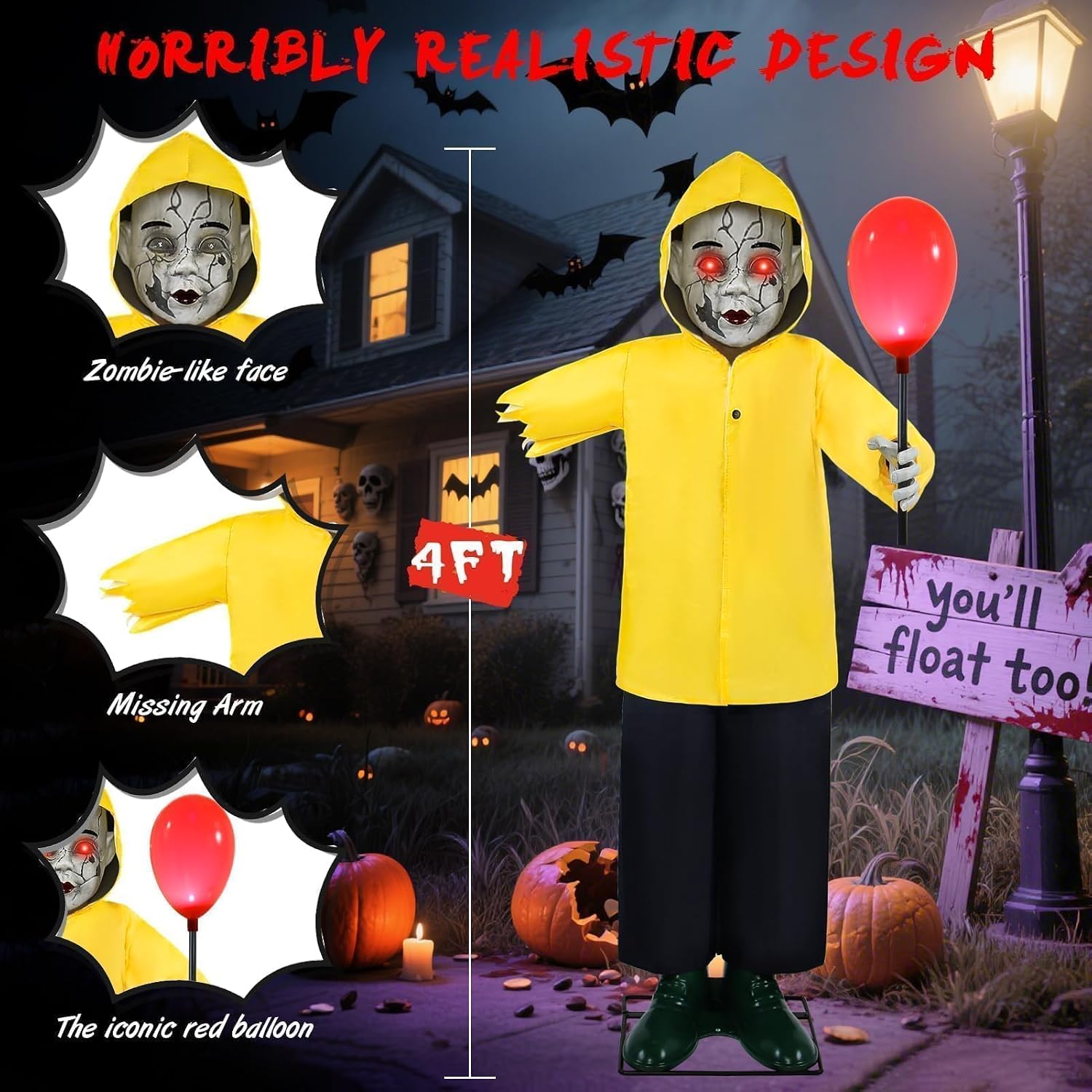 Halloween Decorations Outdoor 4FT Life Size Scary Boy Animatronics Prop | Glowing Red Balloon Sound & Motion