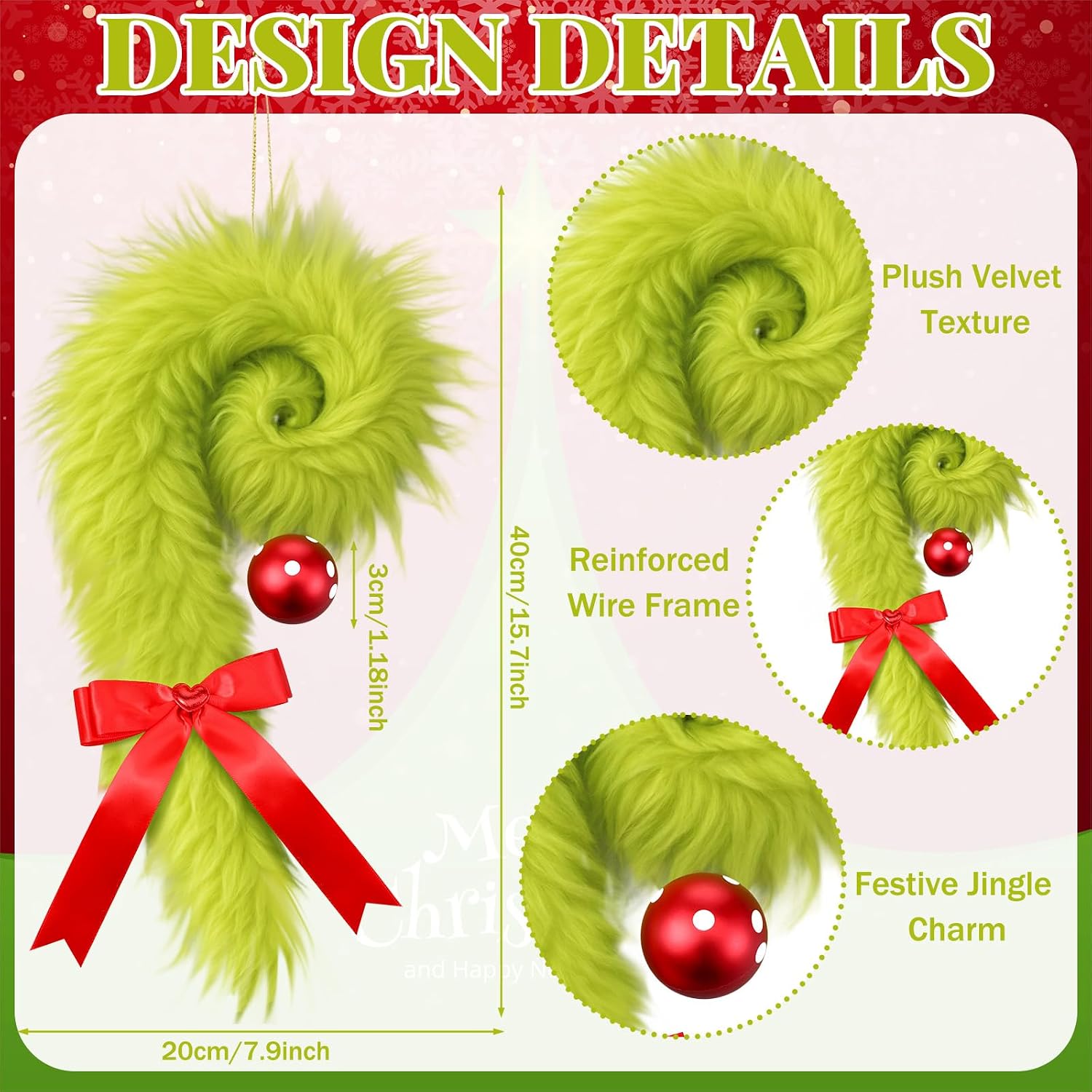 Christmas Candy Cane Wreath Hangers for Front Door Lime Green Furry Hanging Decor Christmas Door Sign Bow Decorations