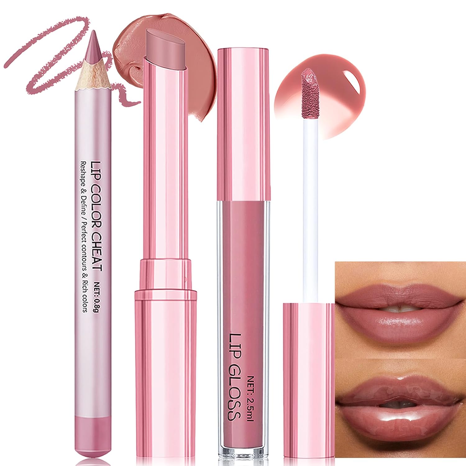 Nude Pink Lip Kit - Matte Lipstick Cream Lip Liner and Gloss Set High Pigment Plumping Lip Pencil Moisturizing