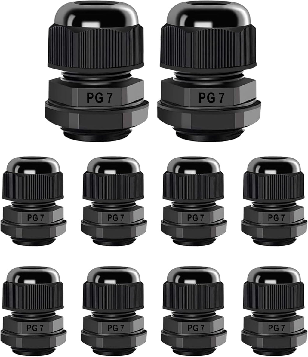 Cable Gland PG7 10 Packs IP68 Waterproof Nylon Cable Connectors with Locknut and Gaskets - Suitable for 3mm - 6.5mm Cables
