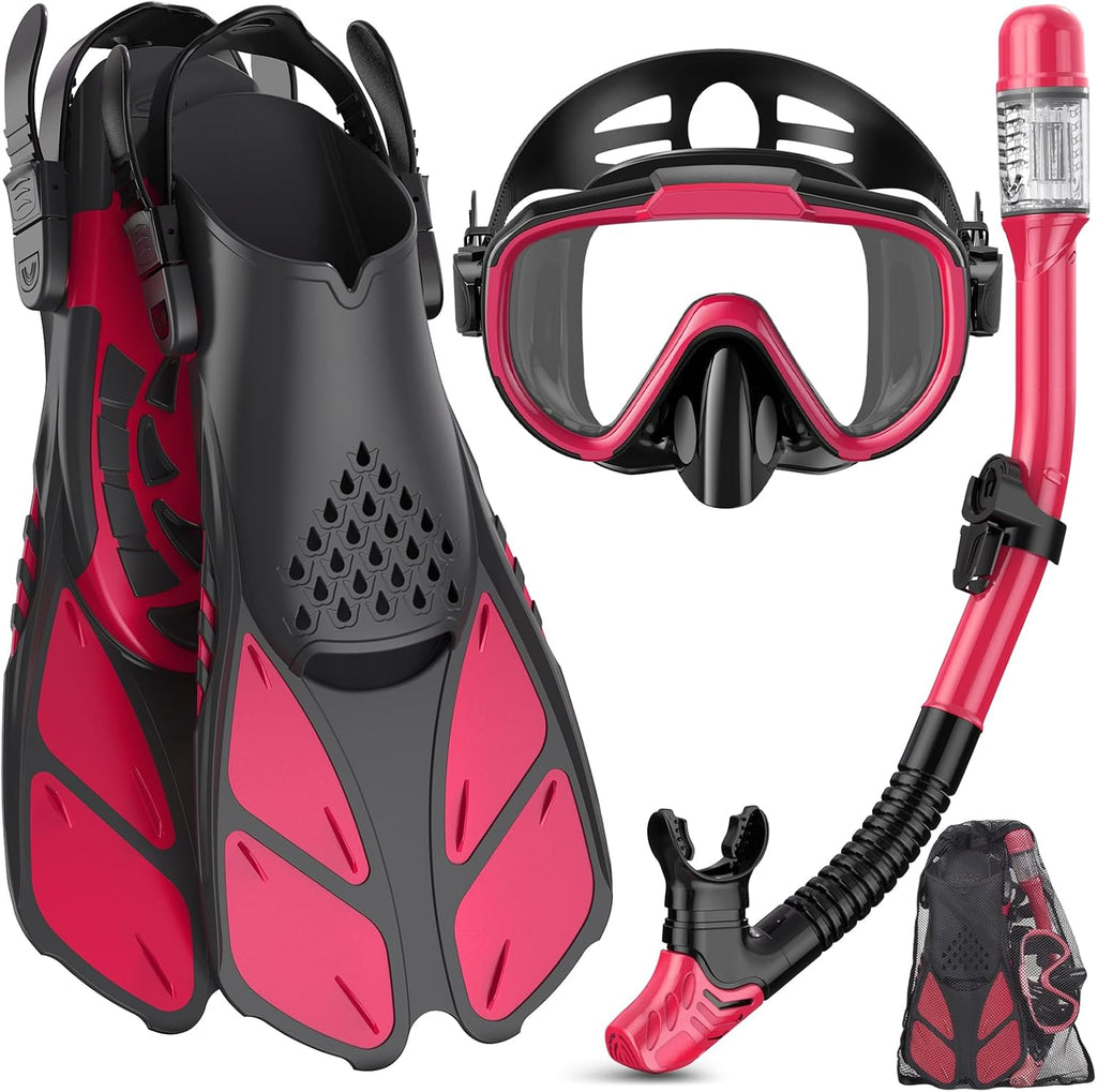 Snorkeling Gear for Adults Men Women,4 in 1 Snorkel Set with Panoramic View Diving Mask Anti-Fog Anti-Leak,Dry Top