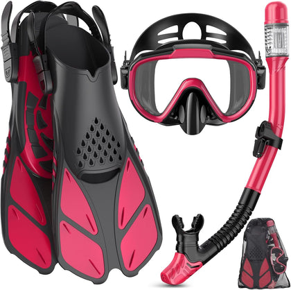 Snorkeling Gear for Adults Men Women,4 in 1 Snorkel Set with Panoramic View Diving Mask Anti-Fog Anti-Leak,Dry Top