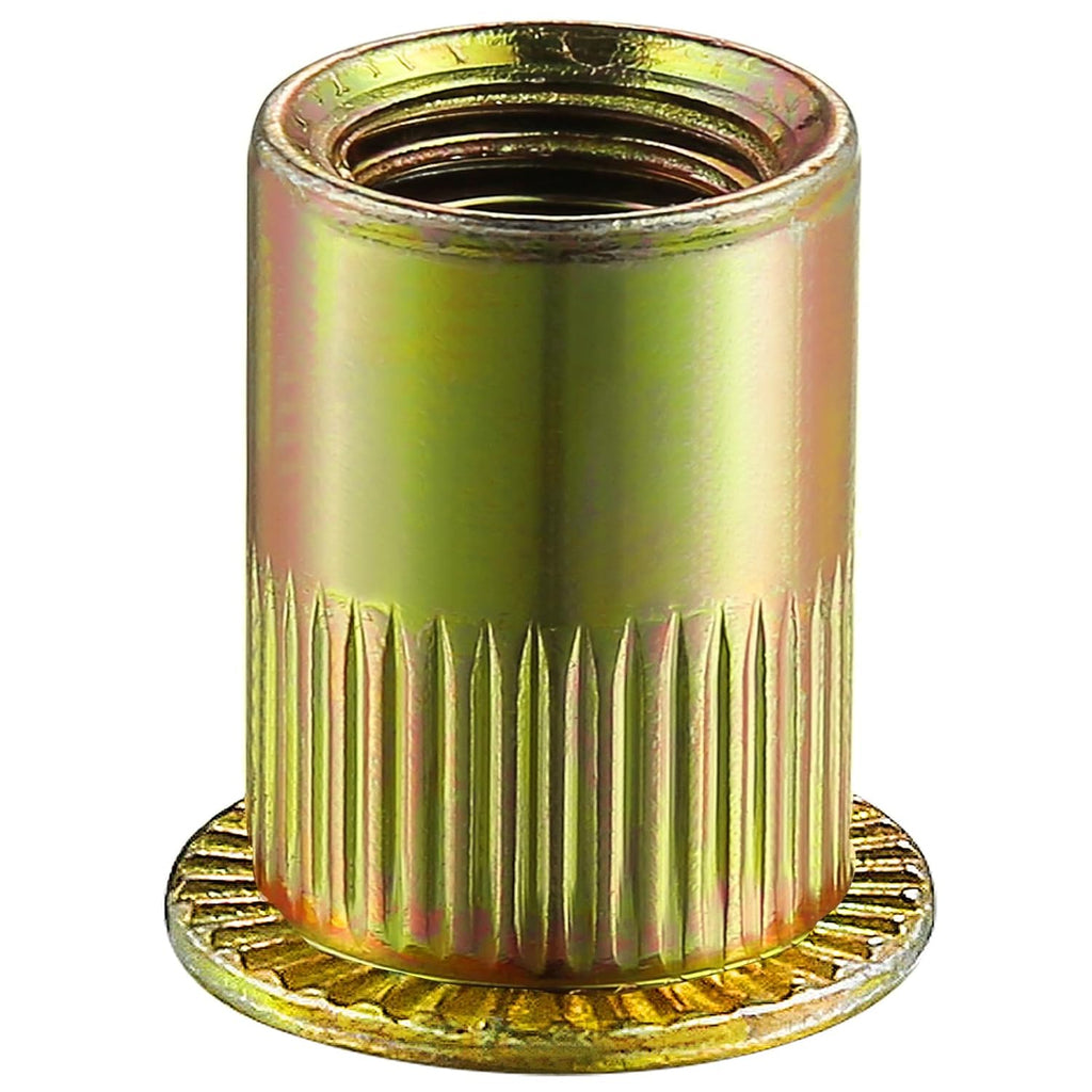 Wensilon Rivet Nut 10-32UNC 200Pcs Yellow Zinc Plated Finish Flat Head Rivnut Threaded Insert Nut Knurled Body
