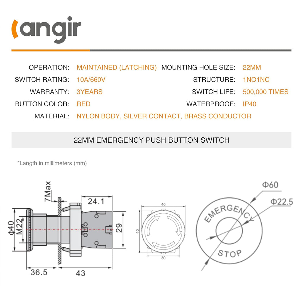 22mm 1NC 1NO Red Mushroom Emergency Stop Self-Locking Push Button Switch 600V 10A.