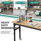 Adjustable Heavy Duty Workbench with Wheels，Rubber Wood Top Working Table, 2500 LBS Load Capacity with for Workshop
