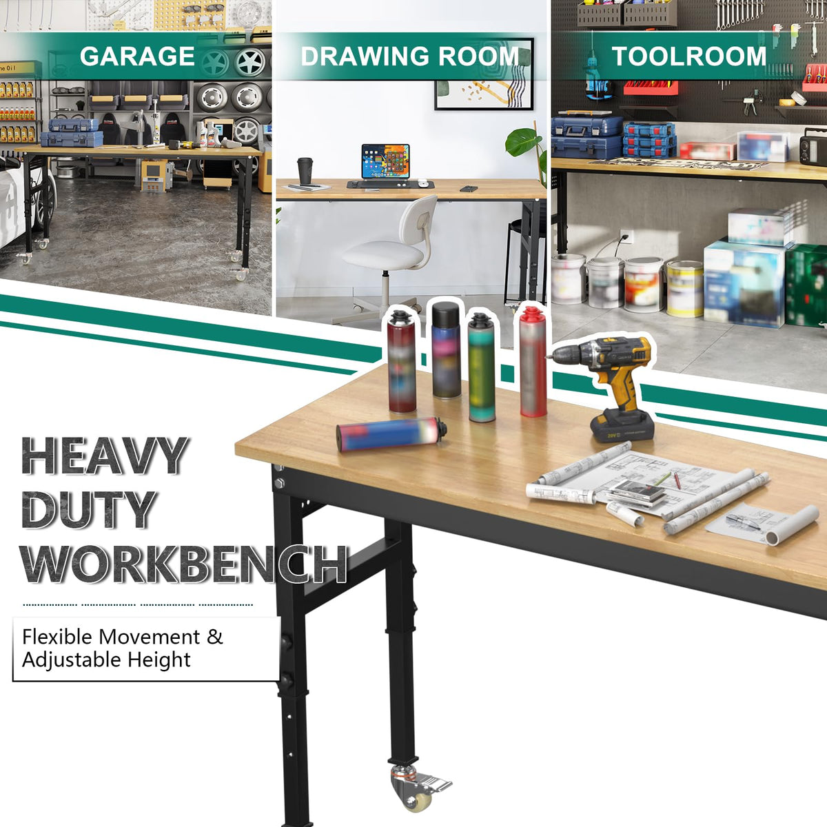 Adjustable Heavy Duty Workbench with Wheels，Rubber Wood Top Working Table, 2500 LBS Load Capacity with for Workshop
