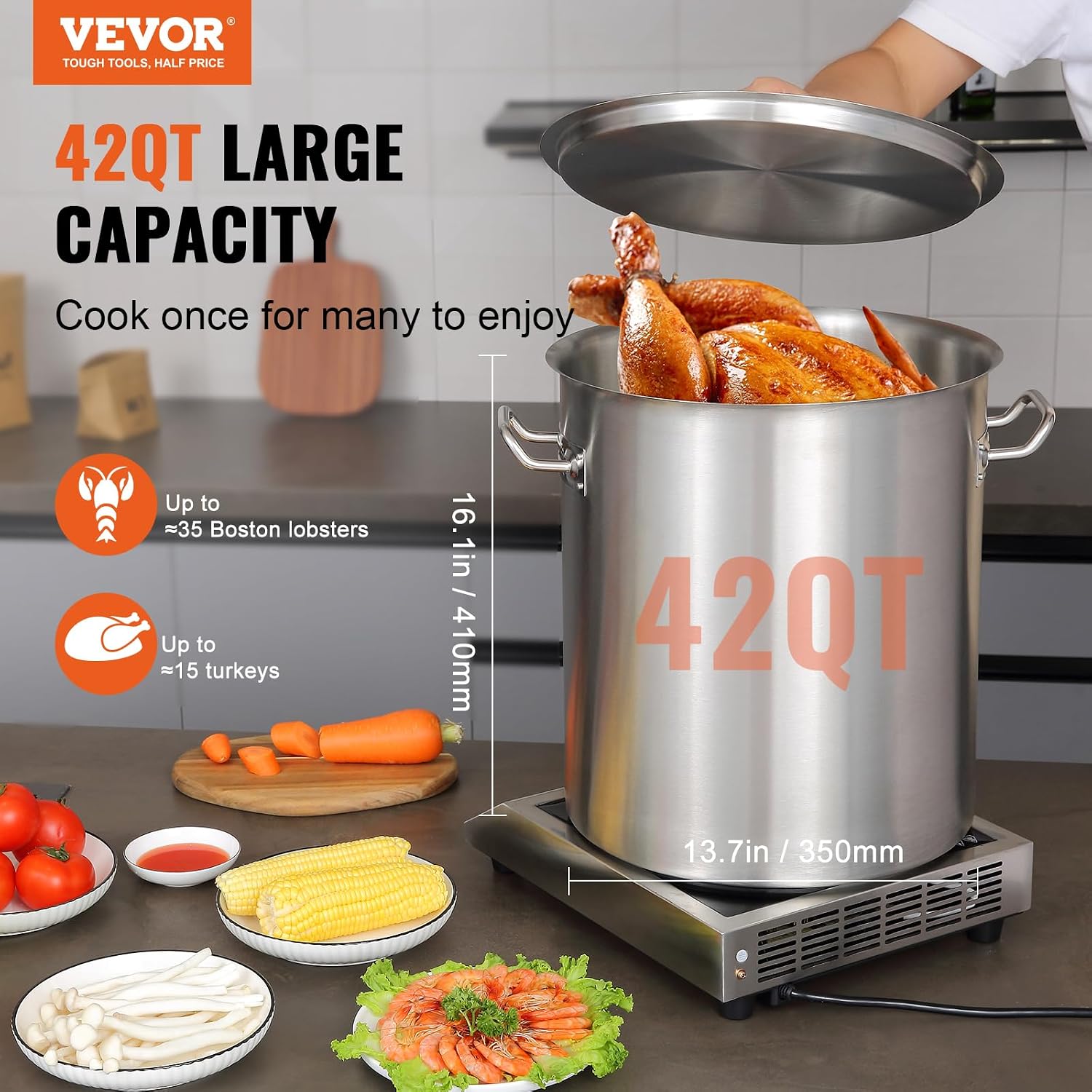 18/8 Stainless Steel Stockpot, 42QT Large Cooking Pots, Multipurpose Cookware Sauce Pot with Composite Base, Heavy