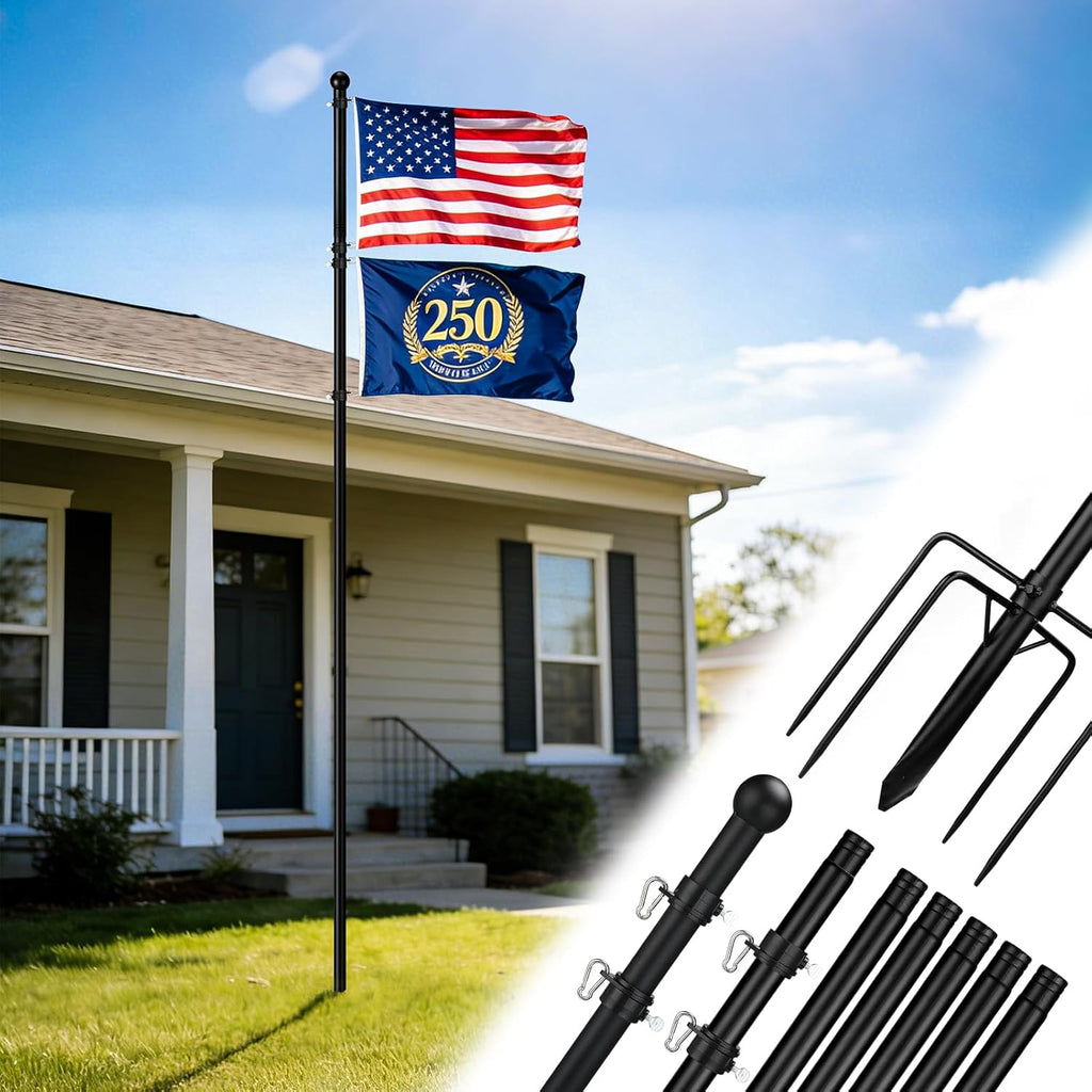 10ft In-Ground Flag Pole for Outside House, Fits 2 Flags | Windproof Thicken Flag Pole Kit with 5 Sturdy Prongs Base