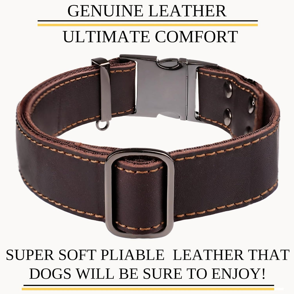Leather Dog Collar for Large & Extra Large Dogs, Adjustable 19-30"