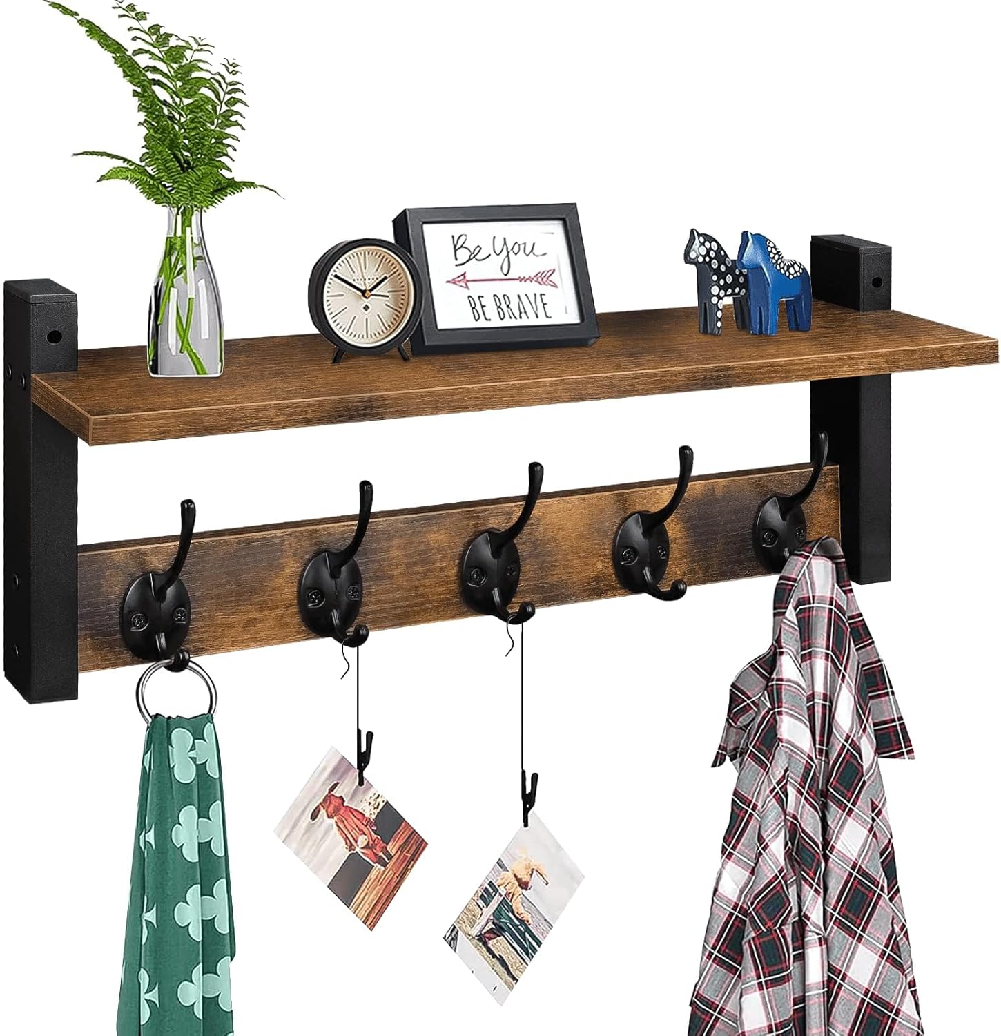 Wall Hooks with Shelf, Wood Coat Rack with Shelf Wall-Mounted, Entryway Hanging Shelves with 5 Metal Hooks for