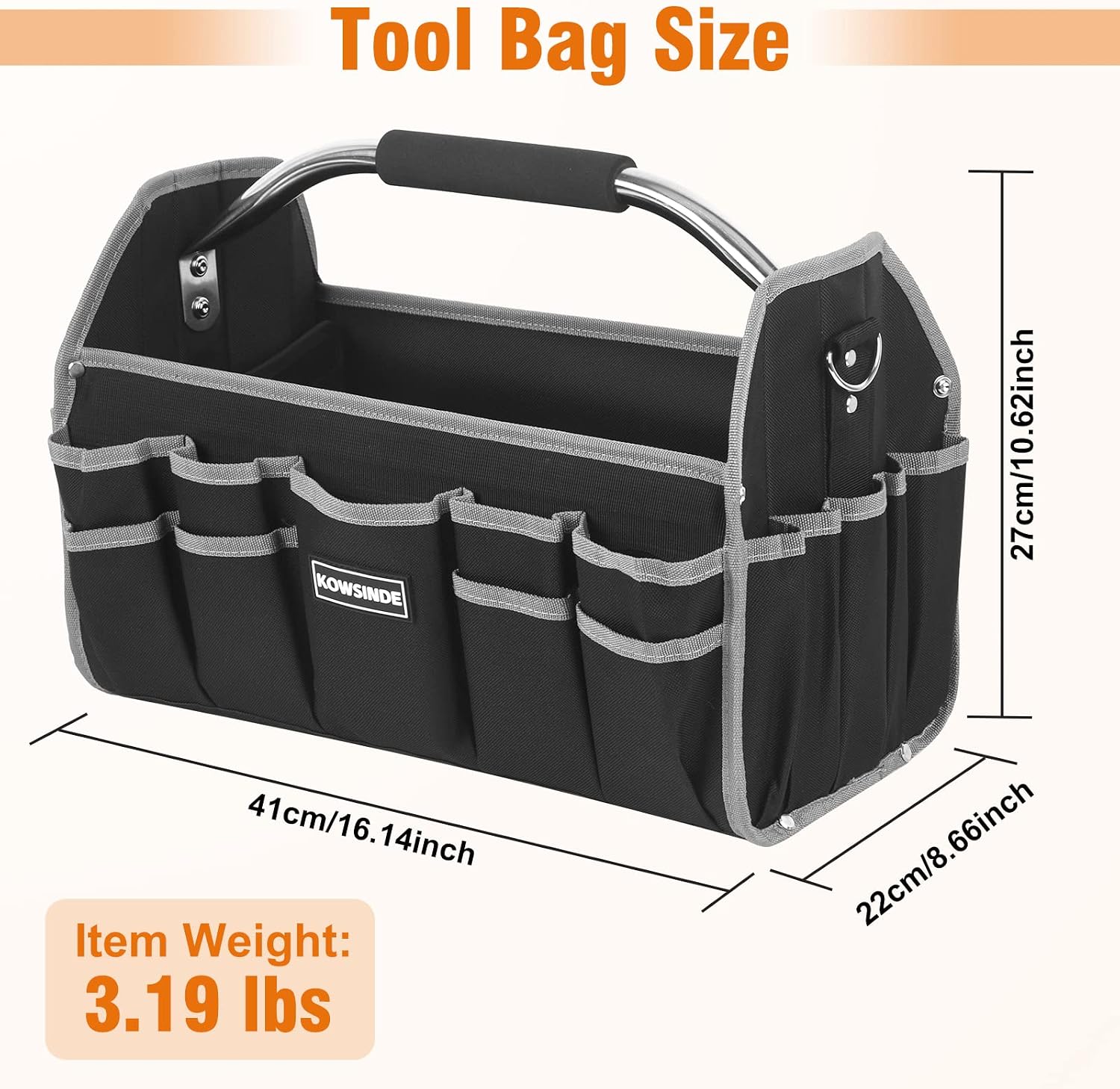 16 Inch Tool Bag, Electrician Tool Bag, Open Top Tool Bags, 26 Pockets Can Hold Many Tools, Steel Handle and