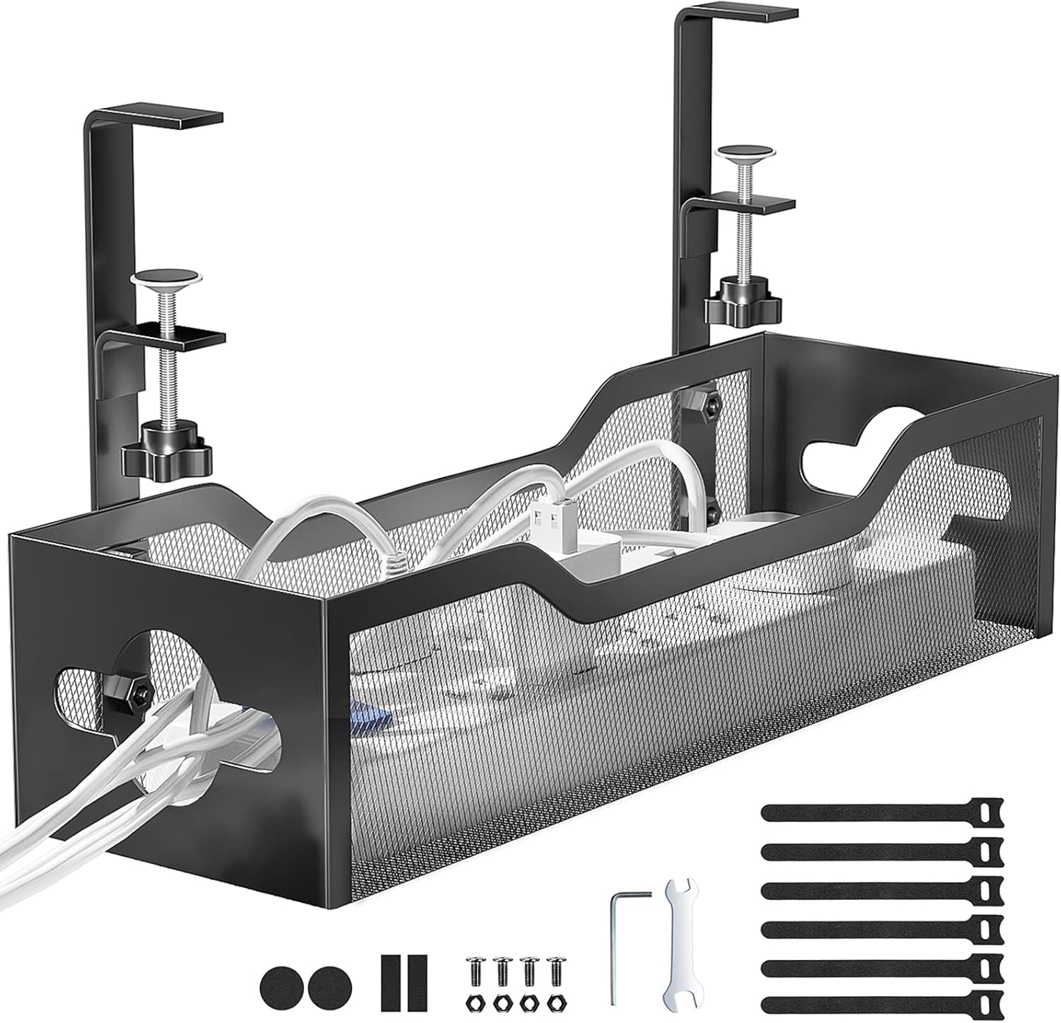 Under Desk Cable Management Tray No Drill, Metal Mesh Cable Management Under Desk with Clamp Mount, 2 Hole Cable Tray
