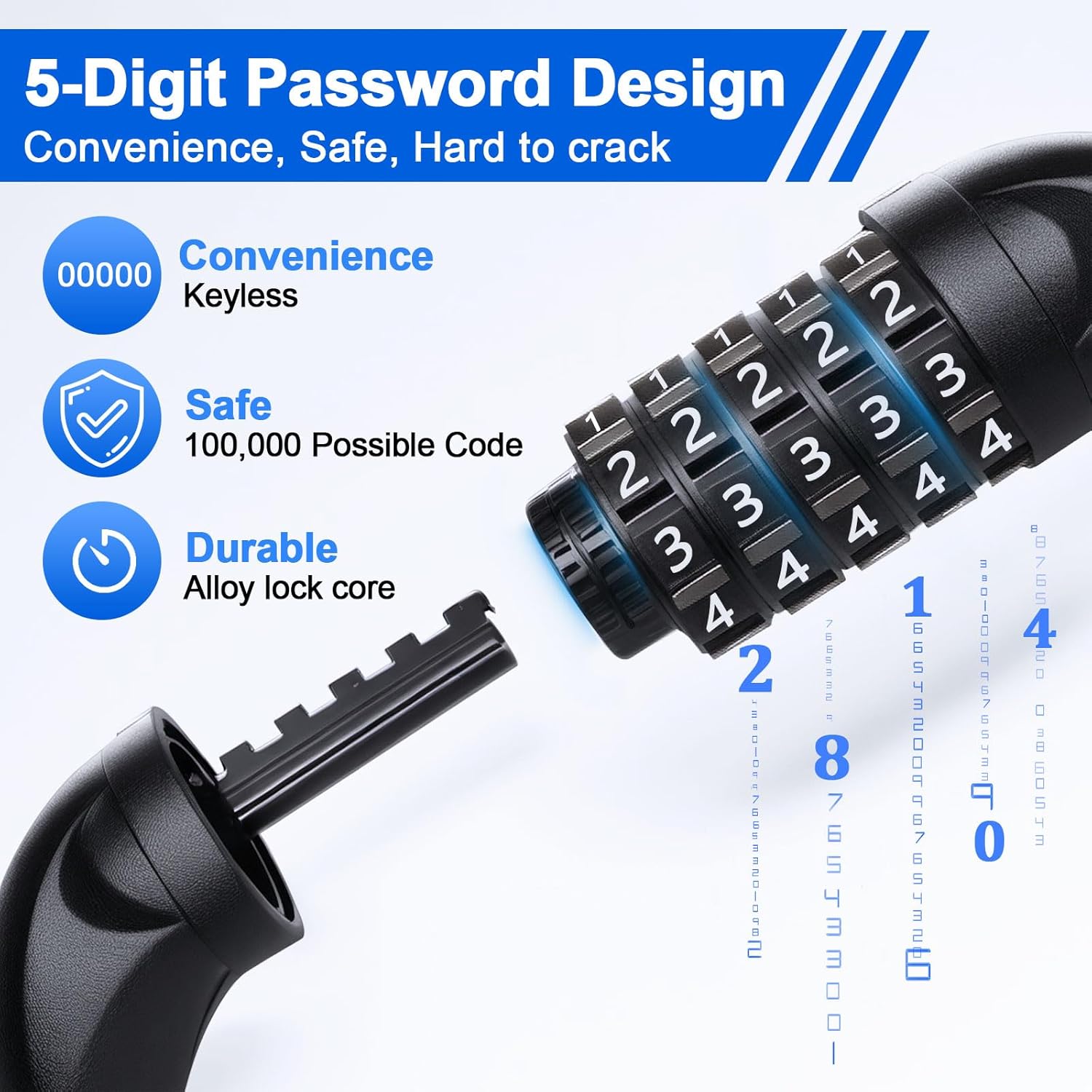 Bike Lock, 5 Digit Combination Heavy Duty Anti Theft Bicycle Chain Lock, 2.62/3.2/4.27/5/6Ft Long, High Security