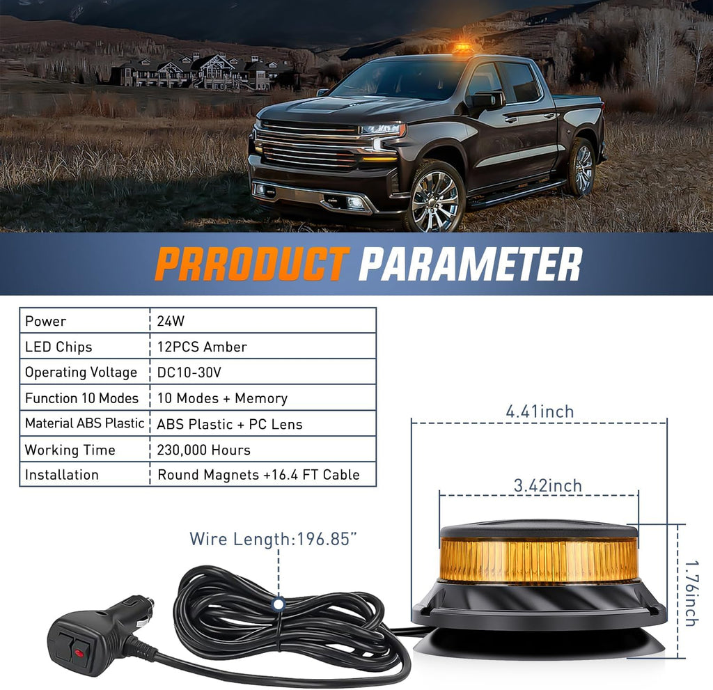 Amber Beacon Light 12V-24V Aluminum Base Flashing Safety Warning Lights Permanent & Magnet Mount LED Emergency