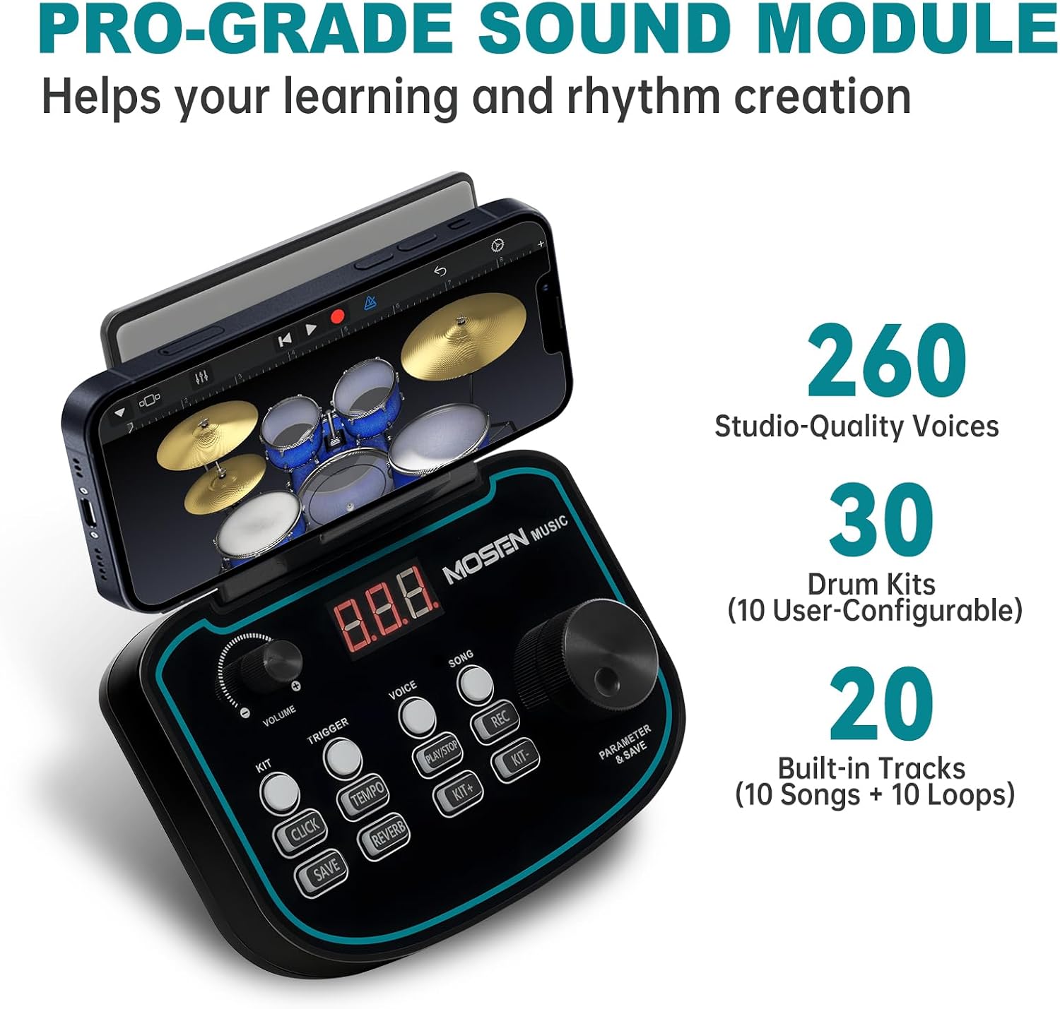 MOSEN MED-X5 Electric Drum Set Mesh Drum Pads, Phone Holder, Sticks, Adjustable cymbals, Kick drum, Headphones, USB