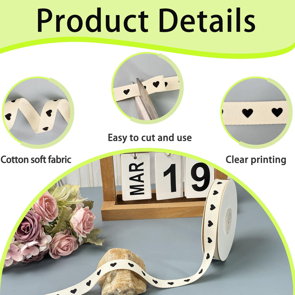 Cotton Herringbone Ribbon, 5/8" x 15yd, Heart Printed