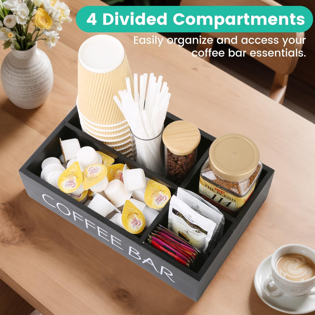Coffee Bar Organizer – Wooden Coffee Station with 4 Compartments, Removable Dividers, and Condiment Storage for Home