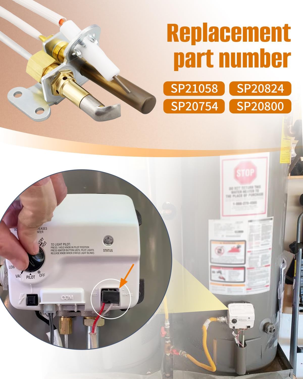 Water Heater Pilot Assembly Fit for Rheem Ruud Richmond SP20754 SP21058 SP21059 SP20800,NG/LP Universal Burner Ignition Replacement Kit with Thermopile and Sparker