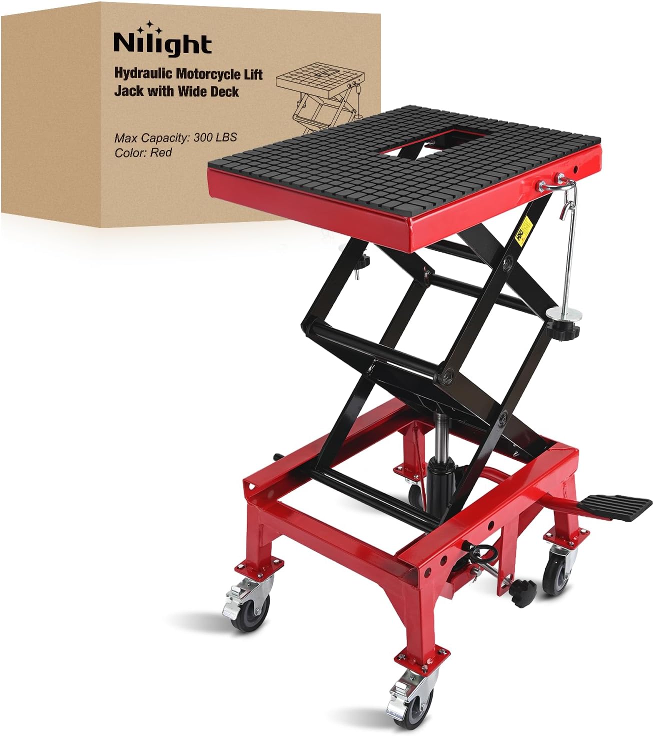 Motorcycle Lift Table Jack 300 LBS Heavy Duty Hydraulic Motorcycle Scissor Jack Lifts Table Foot Pedal with 4 Caster